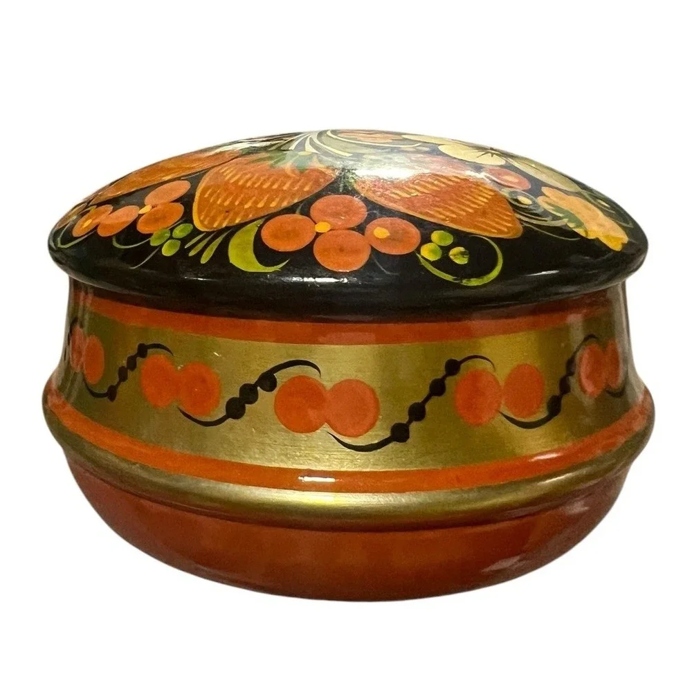 Hand Painted Ukrainian Petrykivka Lacquer Wood Trinket Jewelry Box Floral Folk